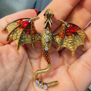 Dragon Brooch Vintage Style Gold Tone Enamel Fantasy Mythical Statement Pin